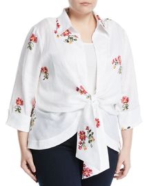 Embroidered Tie-Front Plus Size Korean Fashion Design Linen Women Blouse Ladies