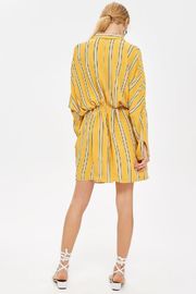 Yellow Stripe Drawstring Ladies Casual Shirt Dress Long Sleeve for Women