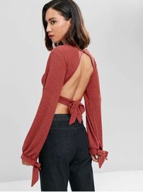Open Back Knotted Cut Out Long Sleeve Knit Top Women
